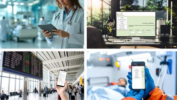 Female doctor in a white coat using a tablet in a bright hospital corridor at the nurse station area.