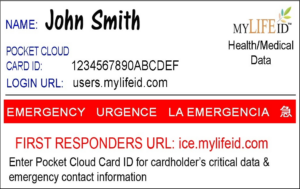 MyLifeID health data badge for John Smith showing Card ID 1234567890ABCDEF and login URL users.mylifeid.com, with emergency info banner below.